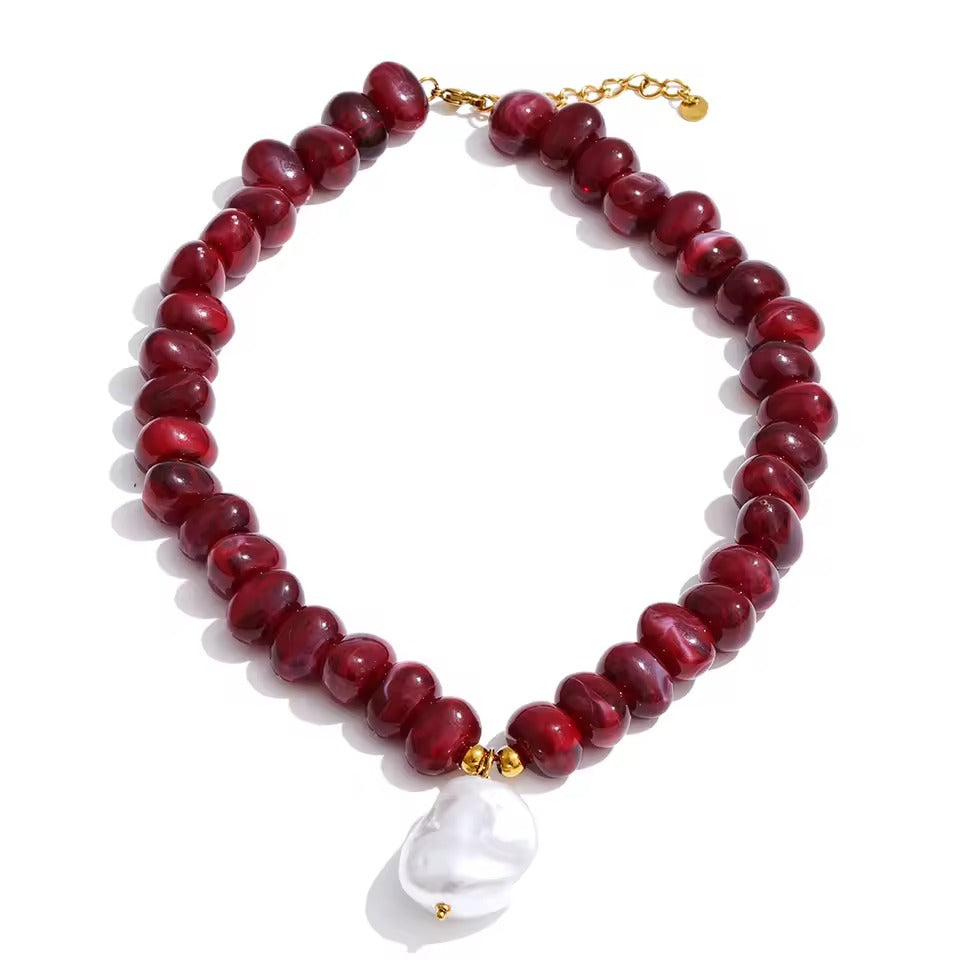 Barroque pendant pearl and resin beads set (rojo)