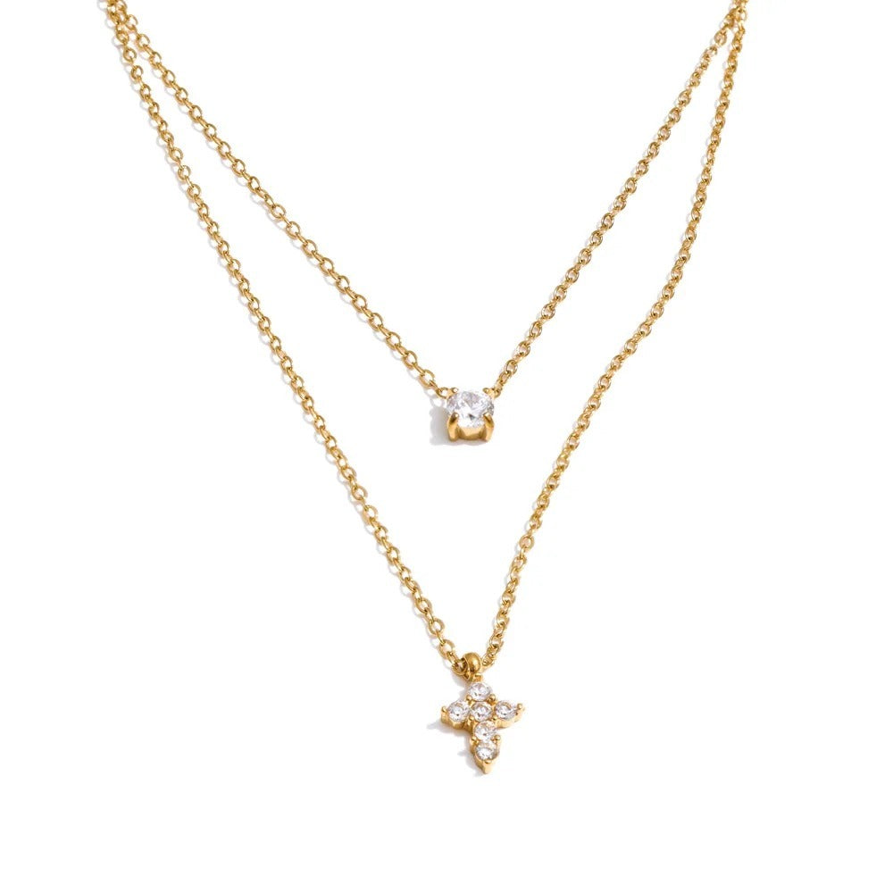 Double layer zirconia cross necklace