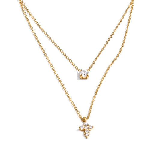 Double layer zirconia cross necklace