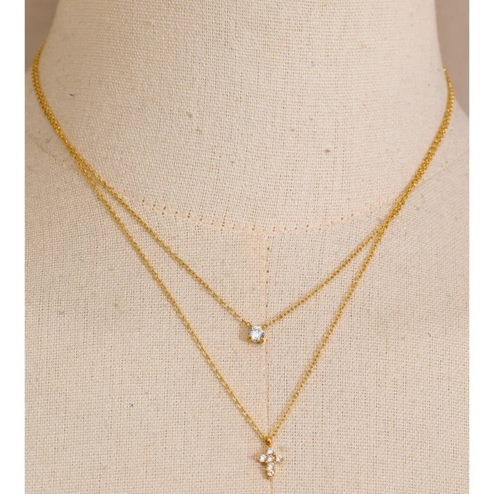 Double layer zirconia cross necklace
