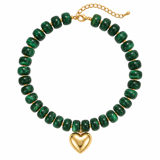 Resin beads heart pendant necklace (Dark Green)