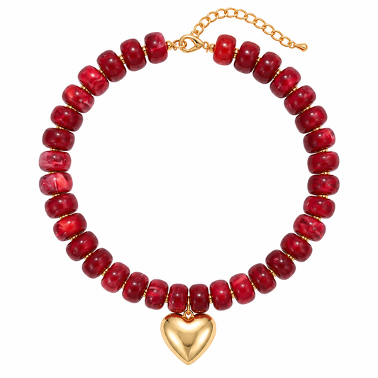 Resin beads heart pendant necklace (Burgundy red)