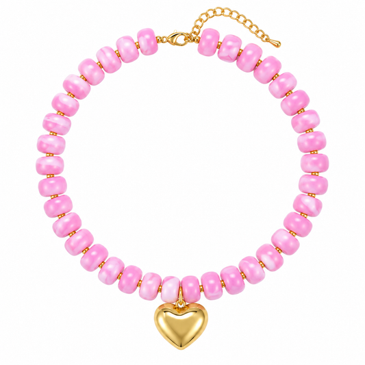 Resin beads heart pendant necklace (Light Pink)