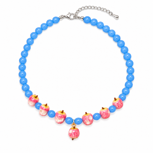Blue beaded apple charm necklace