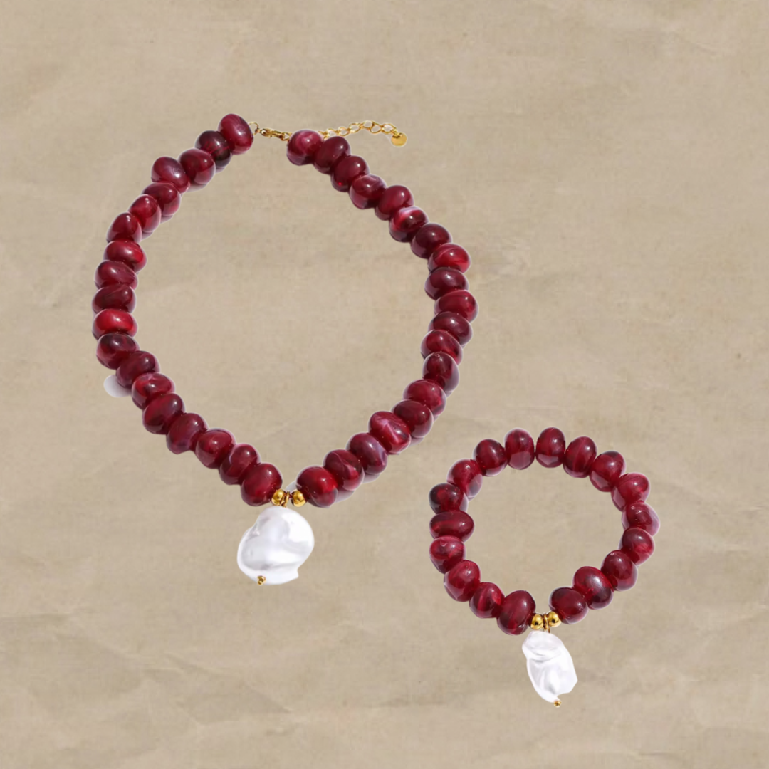 Barroque pendant pearl and resin beads set (rojo)